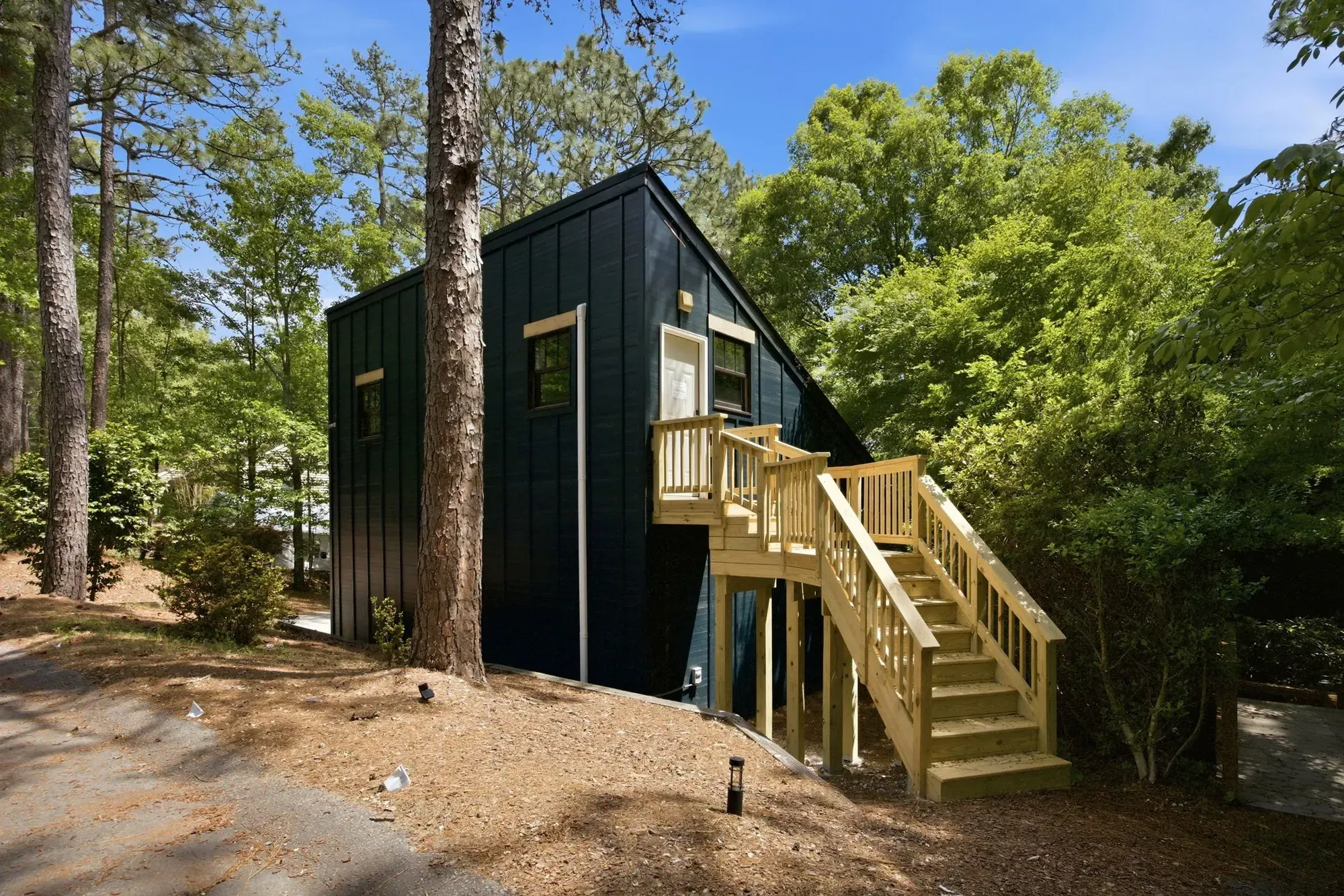 Elevated view of the A-frame deck and wraparound staircase